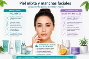 Infografía de cuidado facial con mujer mostrando comparación de piel mixta y manchas faciales, acompañada de productos cosméticos y recomendaciones de tratamientos y oportunidades laborales en belleza